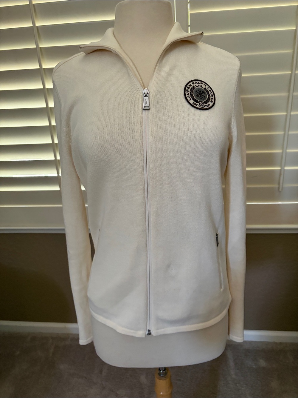 Lauren Ralph Lauren Cream Zip-Front Women's Jacket with Logo Patch size M